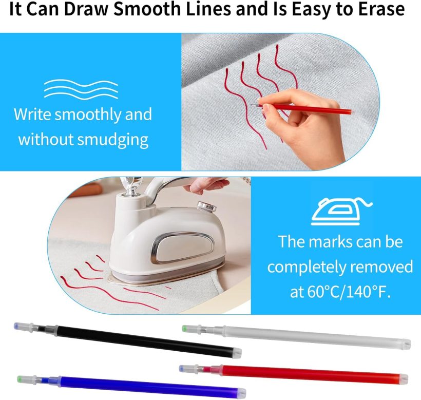 12PCS Fabric Markers for Sewing Set, Including 4PCS Washable Fabric Markers for Sewing and 4PCS Heat Erasable Fabric Marking Pens for Sewing and Quilting, Water Soluble Fabric Marker - Image 4