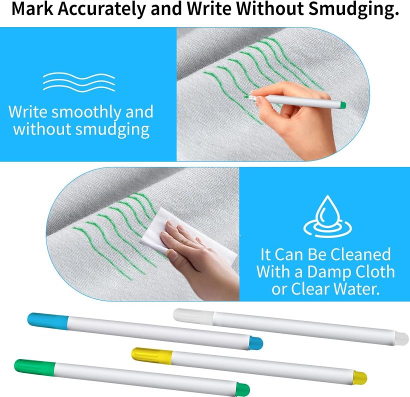 12PCS Fabric Markers for Sewing Set, Including 4PCS Washable Fabric Markers for Sewing and 4PCS Heat Erasable Fabric Marking Pens for Sewing and Quilting, Water Soluble Fabric Marker - Image 5