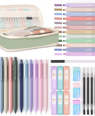 Nicpro 39 PCS Aesthetic School Supplies with Big Capacity Pen Case, 12 Color Pastel Highlighters, 5 Quick Dry Retractable Black Ink Pens, 6 Pastel Mechanical Pencil 0.5 & 0.7 mm for Student Stationary