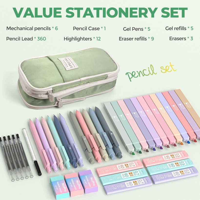 Nicpro 39 PCS Aesthetic School Supplies with Big Capacity Pen Case, 12 Color Pastel Highlighters, 5 Quick Dry Retractable Black Ink Pens, 6 Pastel Mechanical Pencil 0.5 & 0.7 mm for Student Stationary - Image 2