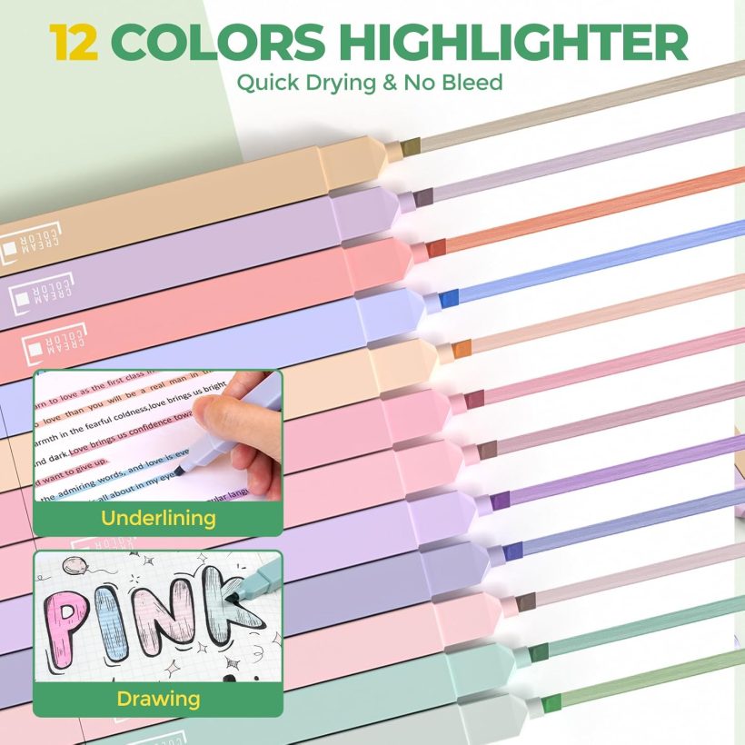 Nicpro 39 PCS Aesthetic School Supplies with Big Capacity Pen Case, 12 Color Pastel Highlighters, 5 Quick Dry Retractable Black Ink Pens, 6 Pastel Mechanical Pencil 0.5 & 0.7 mm for Student Stationary - Image 5