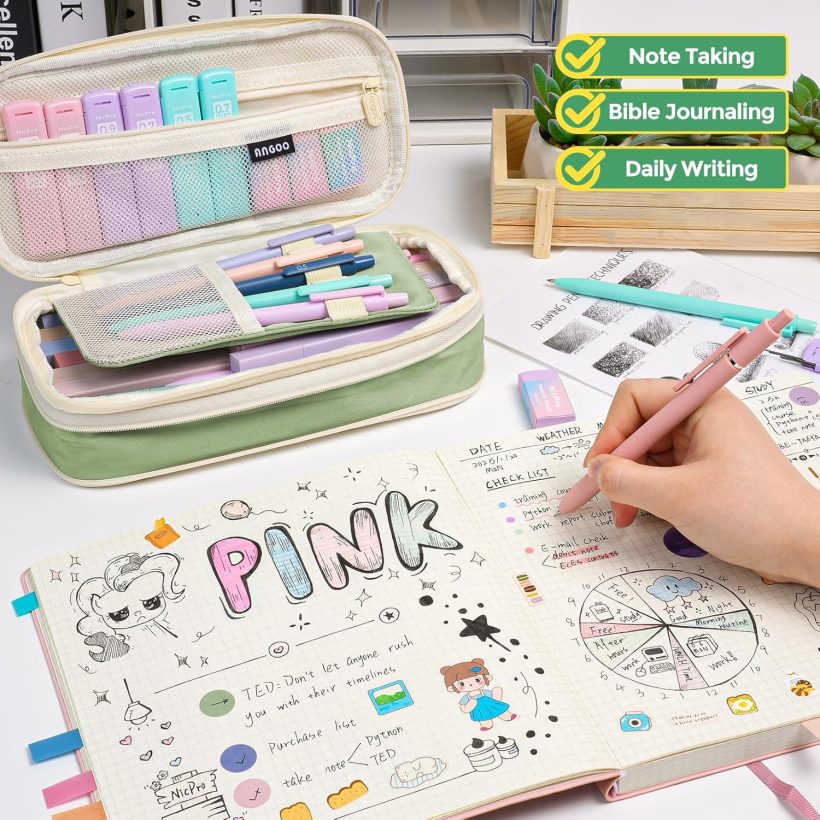 Nicpro 39 PCS Aesthetic School Supplies with Big Capacity Pen Case, 12 Color Pastel Highlighters, 5 Quick Dry Retractable Black Ink Pens, 6 Pastel Mechanical Pencil 0.5 & 0.7 mm for Student Stationary - Image 6