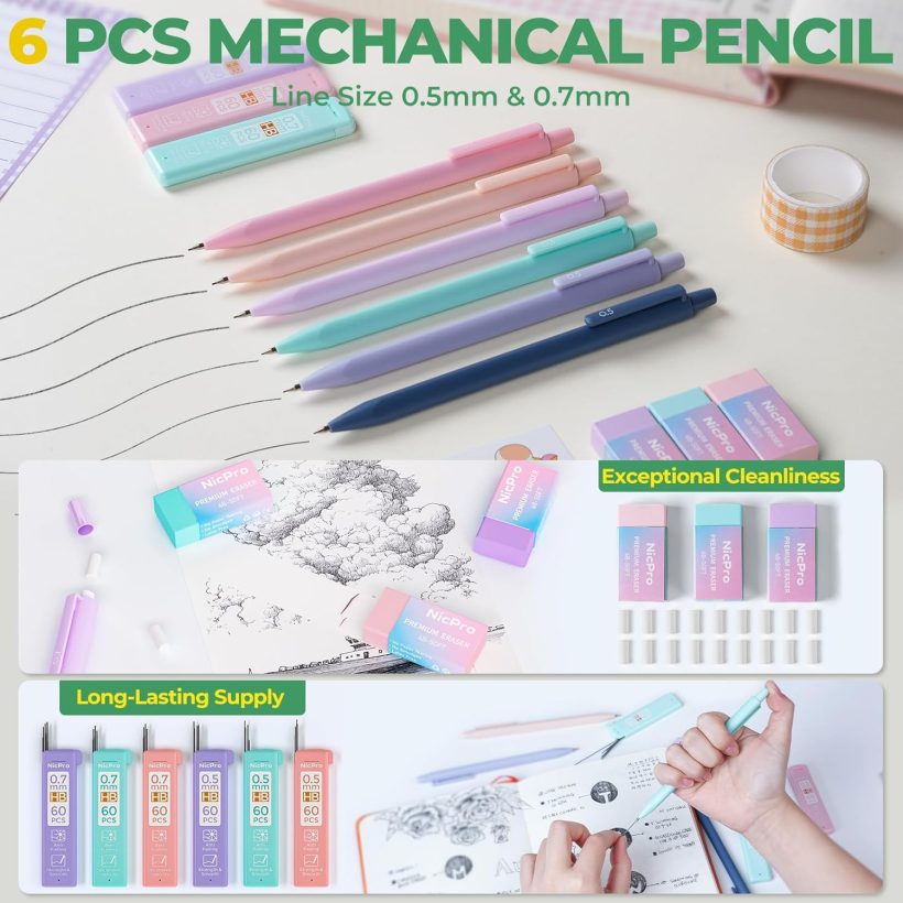 Nicpro 39 PCS Aesthetic School Supplies with Big Capacity Pen Case, 12 Color Pastel Highlighters, 5 Quick Dry Retractable Black Ink Pens, 6 Pastel Mechanical Pencil 0.5 & 0.7 mm for Student Stationary - Image 7
